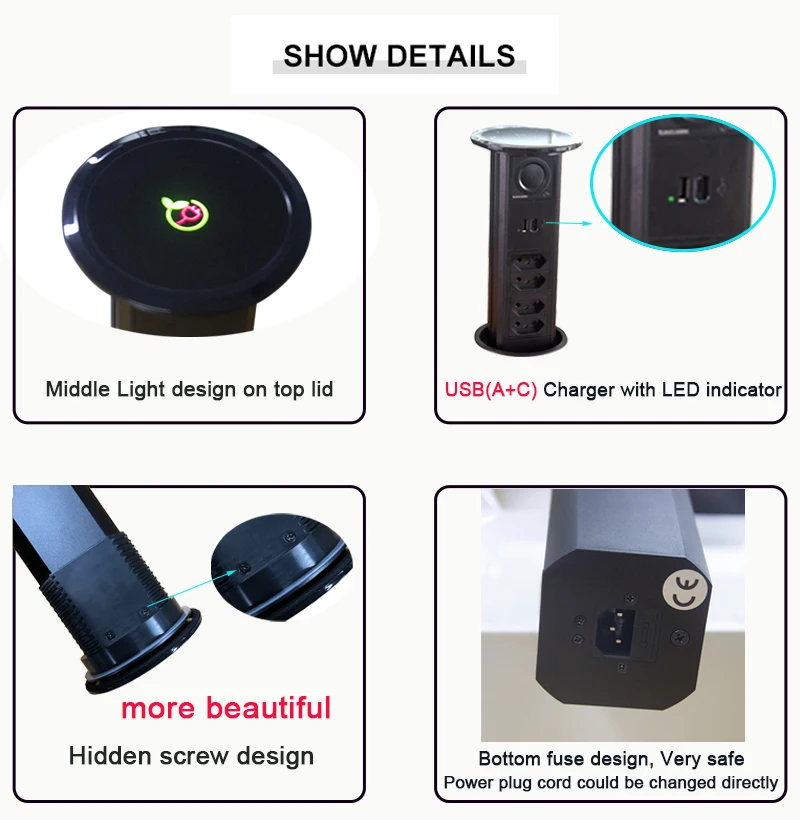 Plugue brasileiro de elevação pneumática para cozinha, tomada pop up com 4 tomadas de energia, alto-falante, usb (a + c), carregador sem fio pd - Image 5