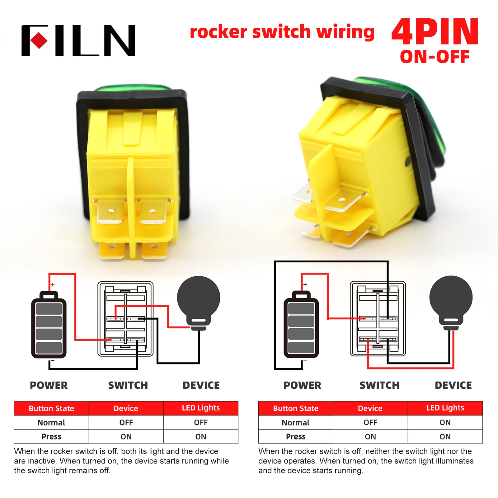 FILN 30A 12V 24V 110V 220VLED Rocker Switch À Prova D 'Água IP65 ON OFF Heavy Duty 4 Pinos DPST Selado Auto Barco Marine Toggle 30x22 - Image 6
