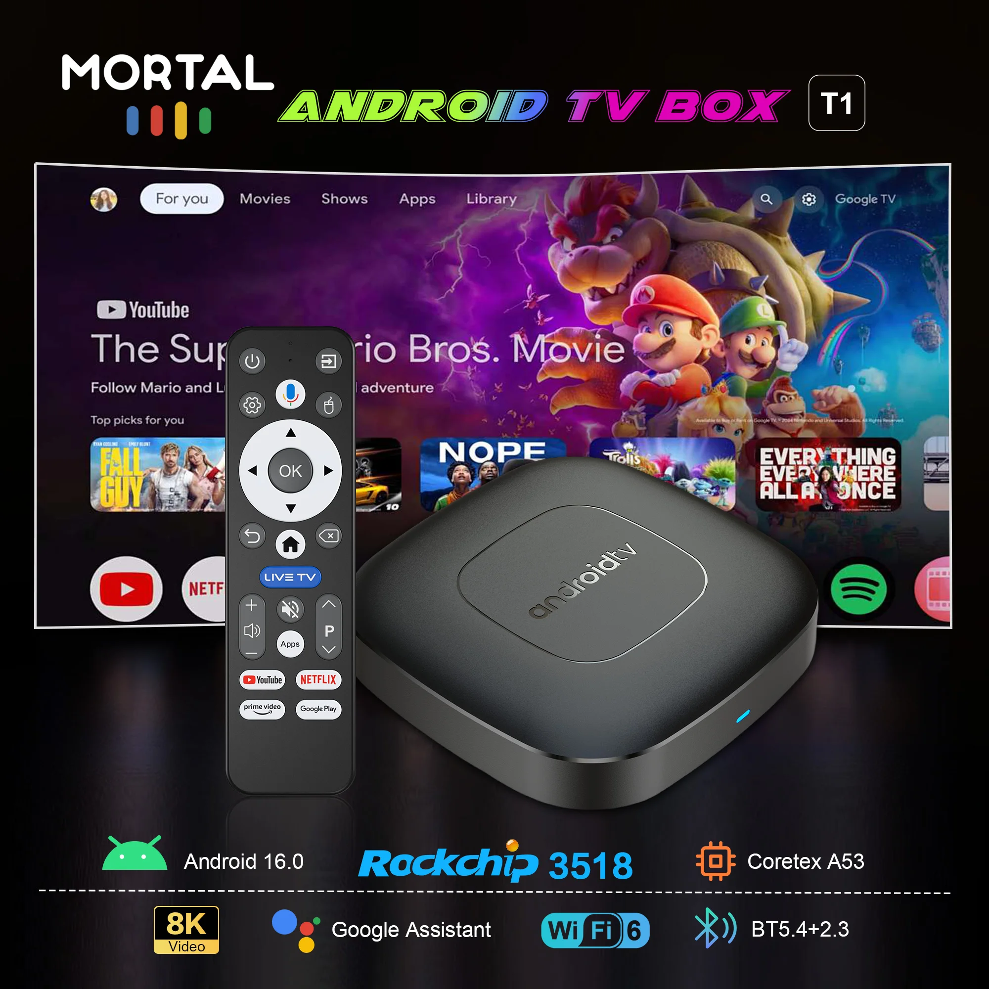 TV Box Android 16 com Google Assistant, Controlo por Voz, 8GB, 128GB, 256G, 4K, Wi-Fi 6, Bluetooth 5.0, T1 RK3518, Reprodutor de Vídeo 4K, TV Box - Image 2