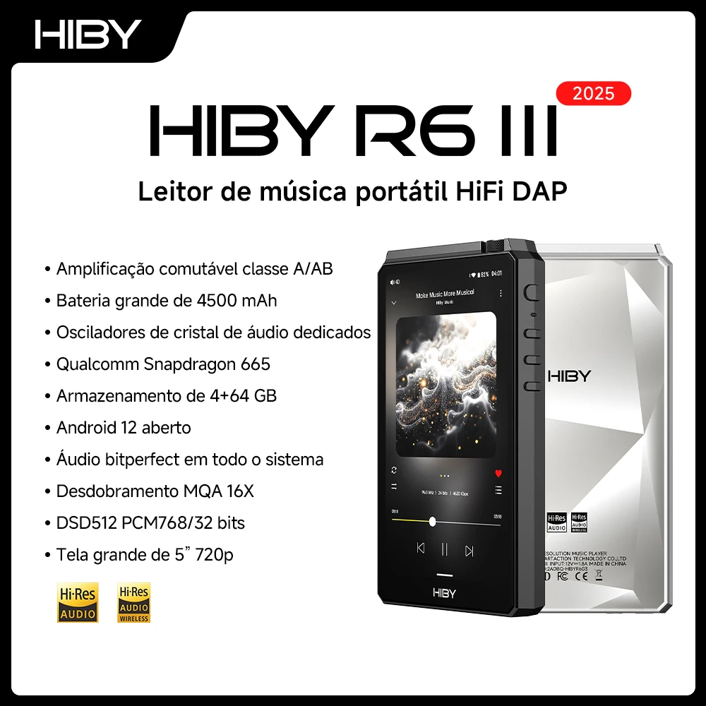HiBy R6III 2025 / R6 Gen 3 Reprodutor de Música Android 12 MP3 USB DAC HIFI WiFi Bluetooth 5.0 CS43198 *4 MQA16x DSD512 PCM768 4500mAh