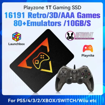 Playzone 1t unidade de estado sólido retro jogo ssd & controlador de jogo 16191 jogos lanchbox & retrobat & playnite 80 + emuladores para pc/laptop