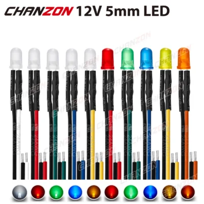 Kit de diodo LED 12V 5mm Branco Vermelho Verde Azul Amarelo Laranja Pré-fio 5 9 12 V Indicador emissor de luz difusa variedade sortida