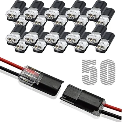 Conector de fio de baixa tensão 50 peças, conector de fio duplo com fivela de travamento, conectores de tira de luz led 2 pinos