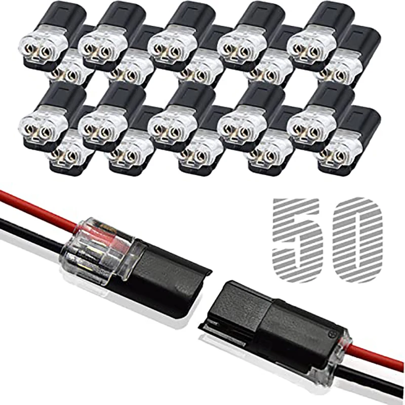Conector de fio de baixa tensão 50 peças, conector de fio duplo com fivela de travamento, conectores de tira de luz led 2 pinos
