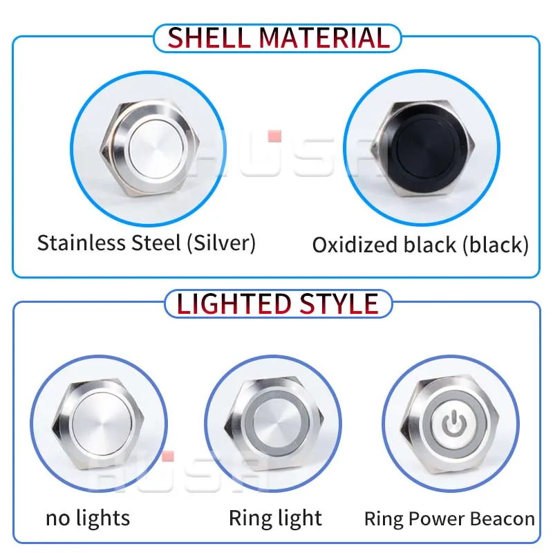 16/19/22/25/30mm con cables de carrera corta interruptor de botón de Metal impermeable 1NO luz Led de reinicio automático momentáneo 12-24V/220V - Image 2
