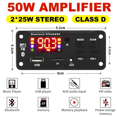 50w amplificador bluetooth 5.0 diy mp3 wav placa decodificadora dc 12v carro sem fio usb mp3 player slot para cartão tf usb fm com microfone