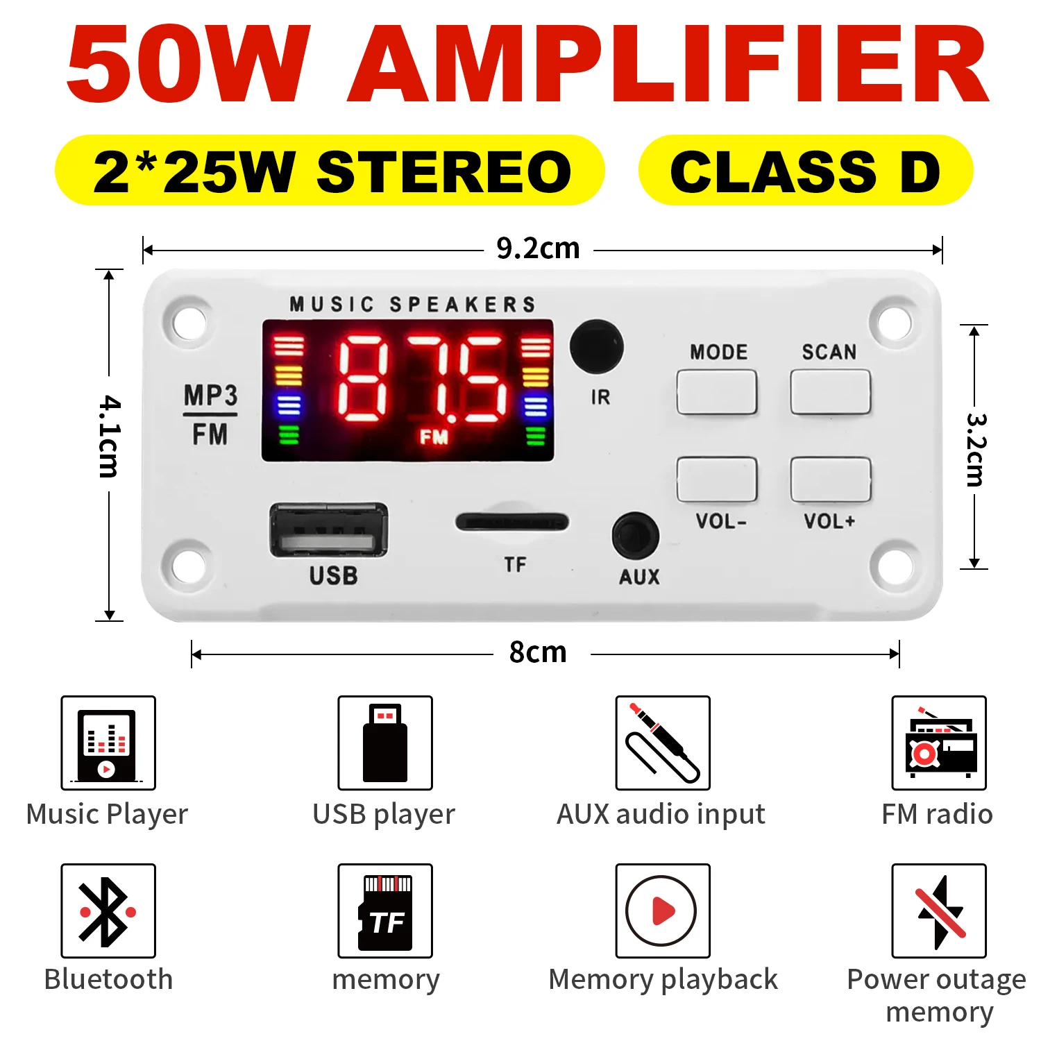 50w amplificador bluetooth 5.0 diy mp3 wav placa decodificadora dc 12v carro sem fio usb mp3 player slot para cartão tf usb fm com microfone - Image 3