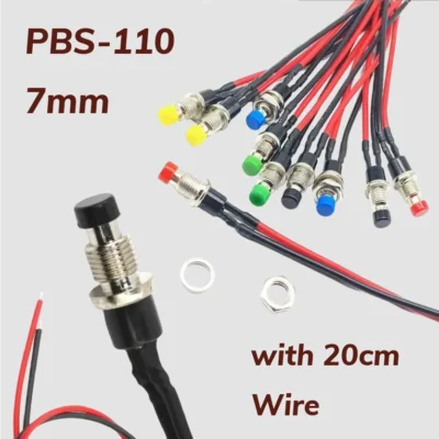 PBS-110 Interruptor de botão momentâneo 7mm redondo auto-redefinição ON OFF com fios de 20cm 12V para painéis de controle eletrônicos
