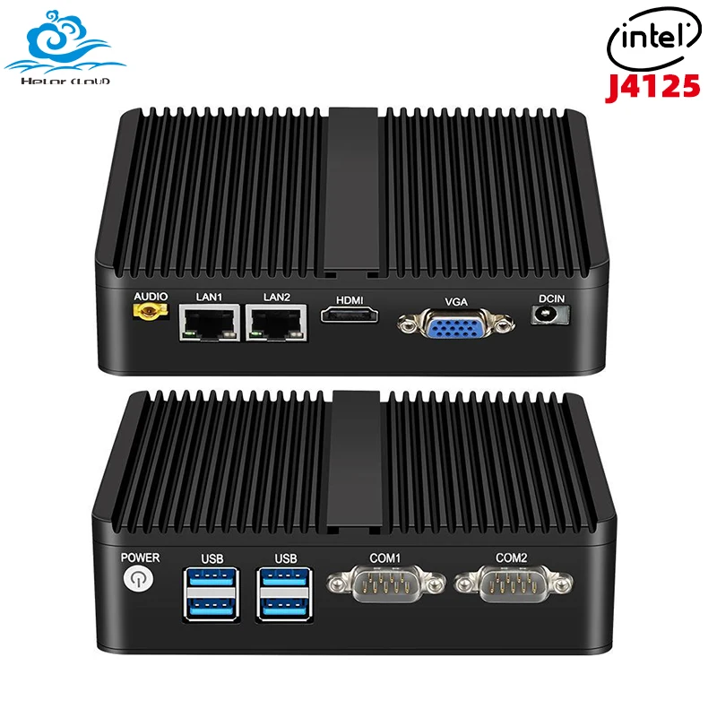 Mini computador Fanless industrial do PC, Intel Celeron J4125, Windows 10, ethernet do gigabit 2x, 2x RS232, DDR4, HDMI, VGA, WIFI, 3G, 4G
