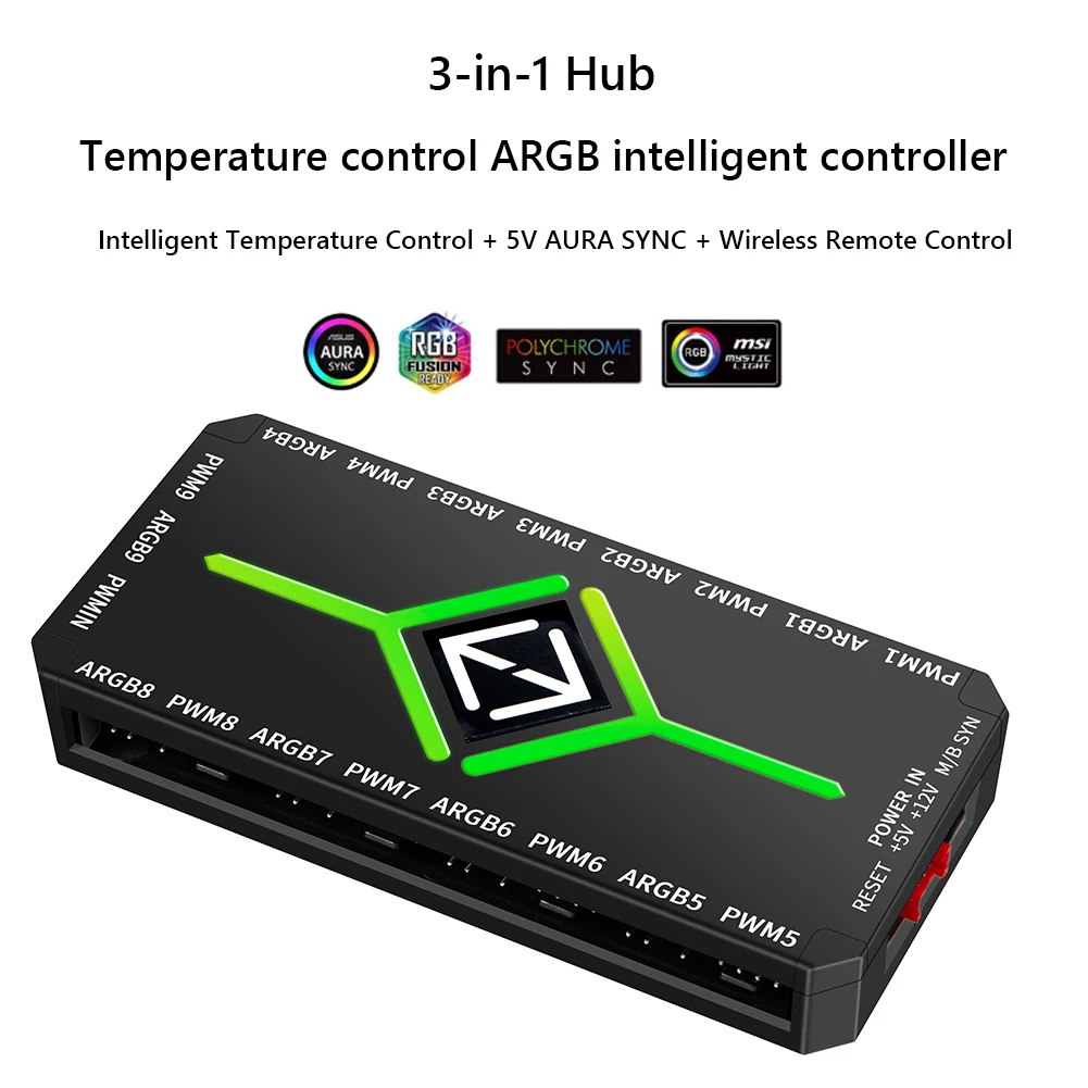 1 To 9 Ports 3 in 1 4 Pin PWM Magnetic Suction Hub with Remote PWM Magnetic Fan Hub Splitter PWM & ARGB Hub Splitter for PC Case - Image 3