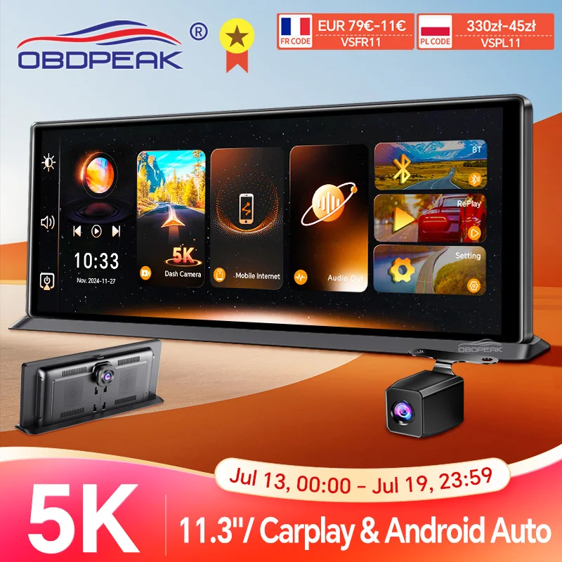 K8 pro 11.3 "tela de toque câmera do carro 5k traço cam gps 5g wifi sem fio carplay & android gravação automática loop navegação gps dvr