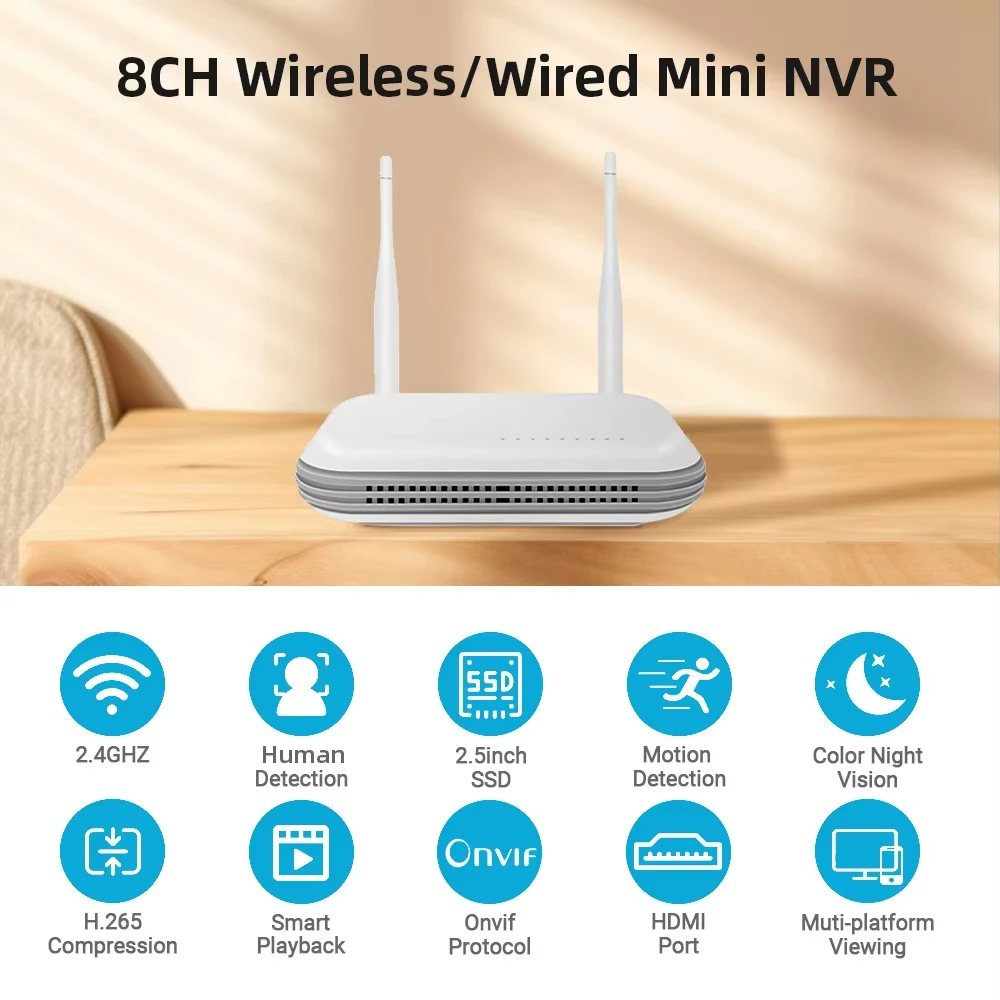 Gravador de vídeo em rede 8ch wifi nvr h.265 para sistema sem fio de 8mp 2.5 ''hdd suporte detecção facial cartão tf solt onvif icsee app - Image 2