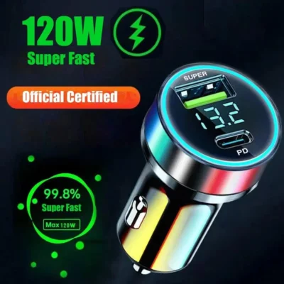 Carregador de Carro USB Super Rápido, Adaptador de Carregamento Rápido, 2 Portas, iPhone 14 Pro Max, 13, 12, 11, Samsung S23, S22, 120W