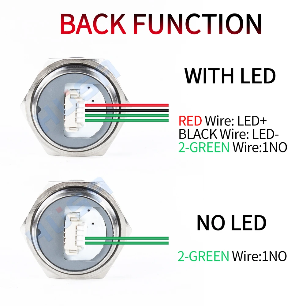 16/19/22/25/30mm con cables de carrera corta interruptor de botón de Metal impermeable 1NO luz Led de reinicio automático momentáneo 12-24V/220V - Image 5