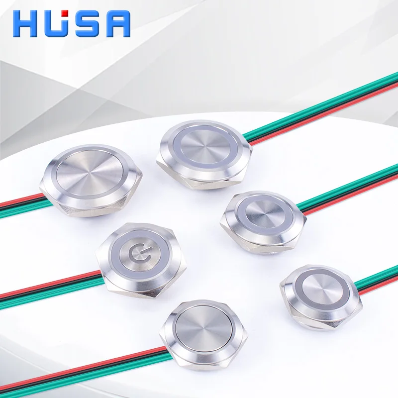16/19/22/25/30mm con cables de carrera corta interruptor de botón de Metal impermeable 1NO luz Led de reinicio automático momentáneo 12-24V/220V