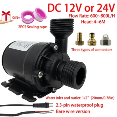 Bomba submersível silenciosa com motor sem escova, dc12v, dc24v, 1/2 ", 800l/h, elevador de 6m, bomba de reforço de chuveiro com plugue à prova d'água de 2,3 pinos