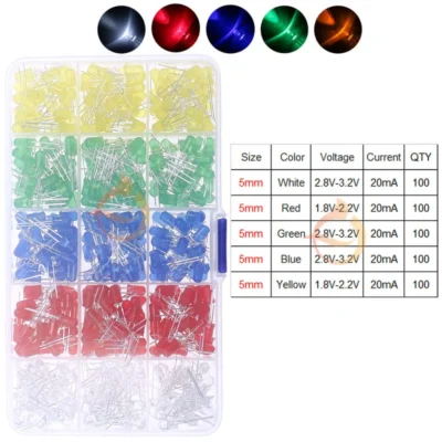 500pcs 5MM Kit de sortimento de diodos de luz LED branco amarelo vermelho azul verde 5 cores cada 100pcs