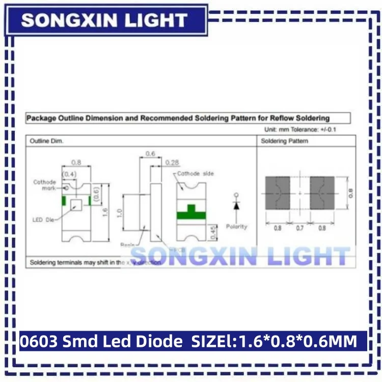 100 peças smd led 0603 diodo emissor de luz ultra-brilhante 1608 smd led vermelho branco amarelo verde azul rosa roxo 20ma para iluminação diy - Image 6