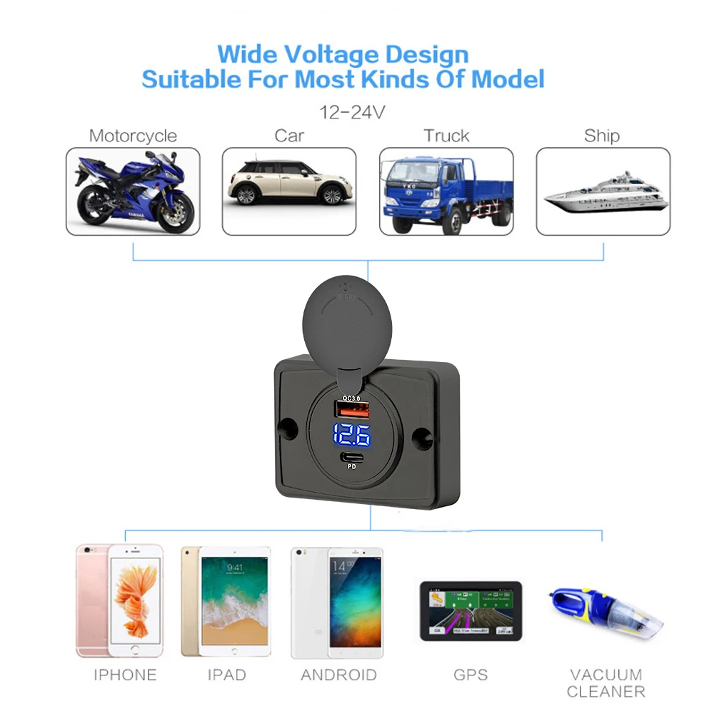 12v-24v duplo usb qc3.0 pd 3.1a/2.1a tomada de carregador de carro carga rápida com tampa deslizante adaptador de painel de saída para caminhão campista rv - Image 6