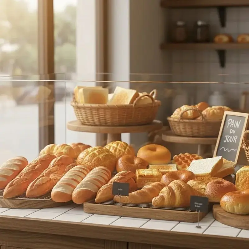 Conjunto de Decoração de Pães Falsos de Vários Tamanhos: Modelos Simulados de Baguete, Croissant e Waffle para Padarias, Cafés e Decoração de Vitrines e Balcões