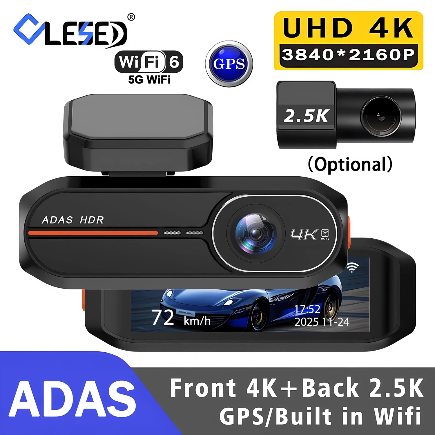 Câmera Veicular 4K 3840*2160P com WiFi, GPS, ADAS, Gravação Frontal 4K e Traseira 2.5K, DVR com Visão Noturna 24H, Câmera para Carro, Caixa Preta