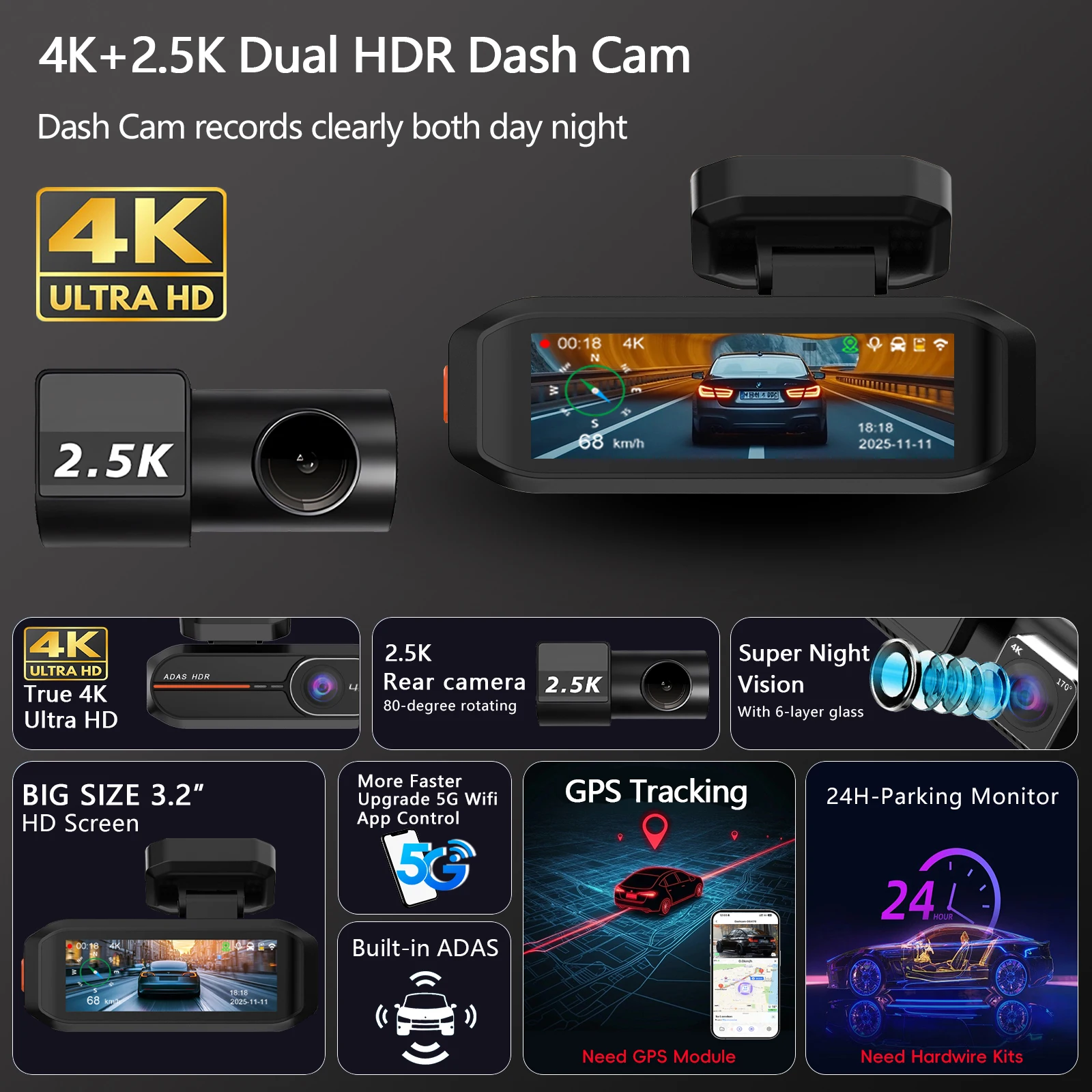 Câmera Veicular 4K 3840*2160P com WiFi, GPS, ADAS, Gravação Frontal 4K e Traseira 2.5K, DVR com Visão Noturna 24H, Câmera para Carro, Caixa Preta - Image 2