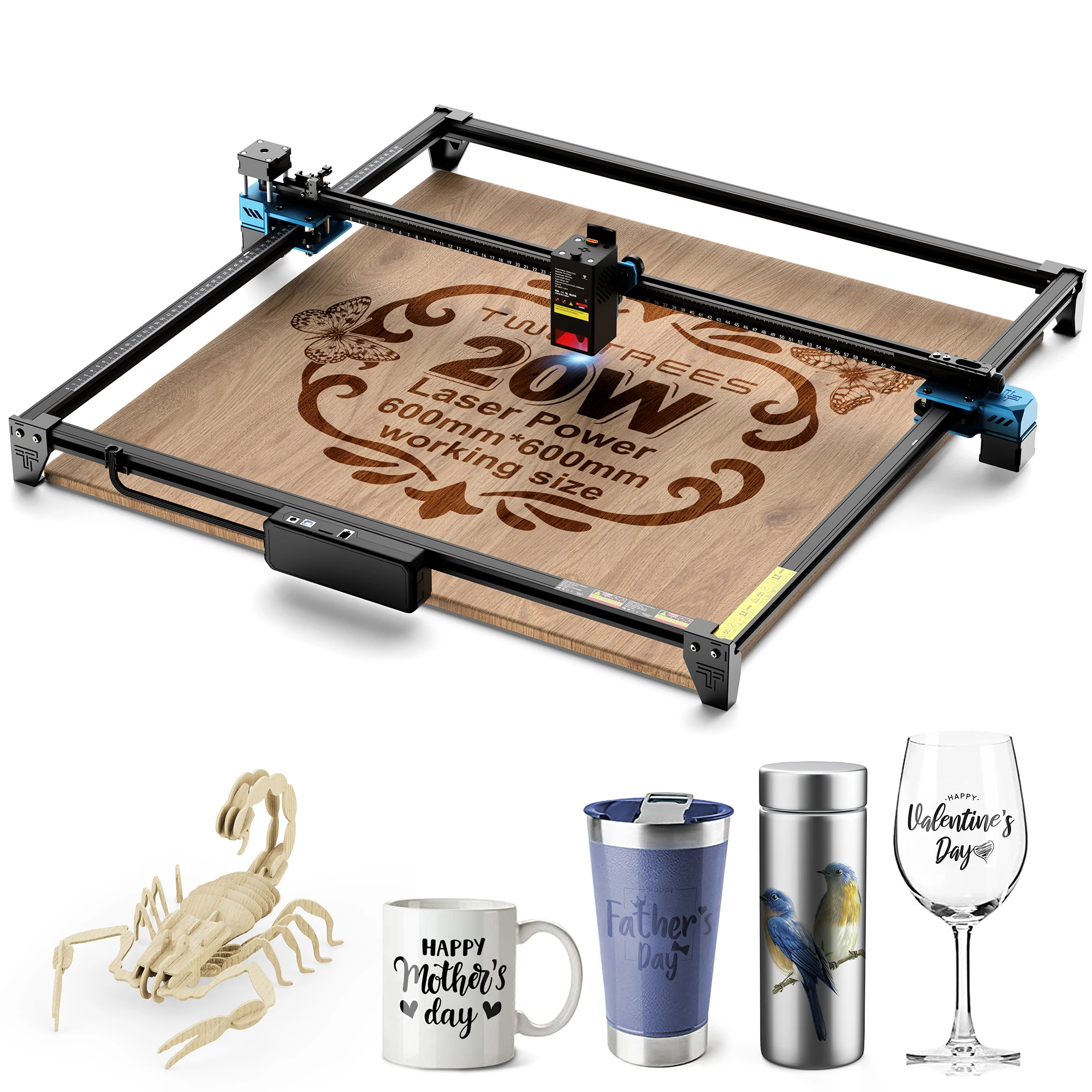 Gravador e Cortador a Laser TWOTREES TTS-20 Max 20W 600x600mm, Controle WiFi/APP/USB, para Madeira/Acrílico/Metal/Aço Inoxidável/MDF/Couro