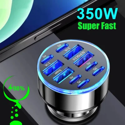 350w 10 portas carregador de carro carregamento rápido pd qc3.0 usb c carregador de telefone carro tipo c adaptador no carro para iphone samsung huawei xiaomi