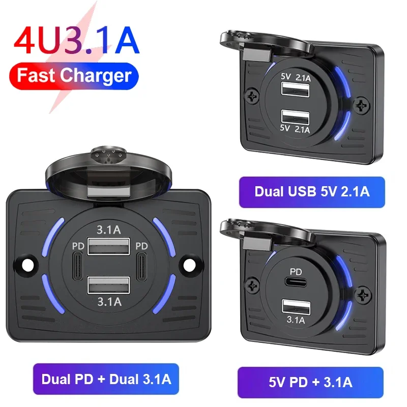 12v-24v duplo usb qc3.0 pd 3.1a/2.1a tomada de carregador de carro carga rápida com tampa deslizante adaptador de painel de saída para caminhão campista rv