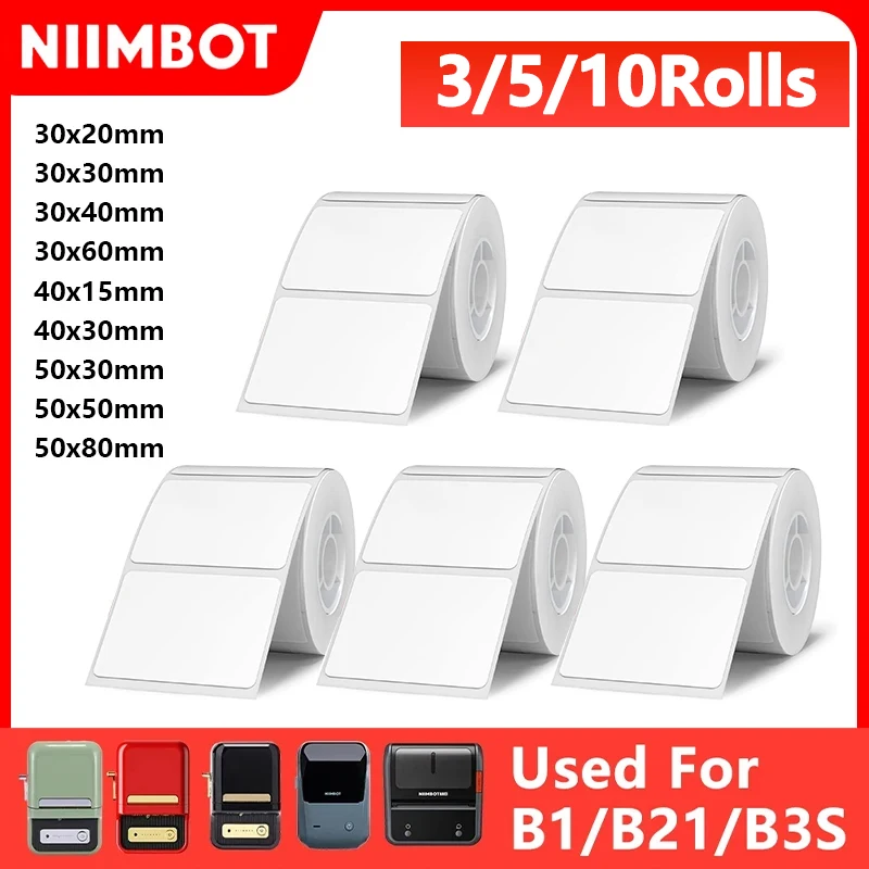 Niimbot b1 adesivo branco 3/5/10 rolos de papel à prova d'água etiqueta adesiva branca anti-óleo para b1 b21 mini fita de impressora térmica