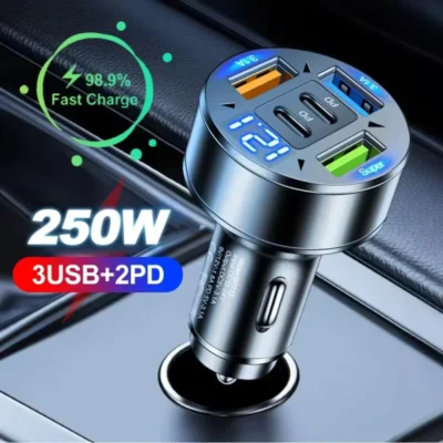 Carregador de Carro 250W com 5 Portas, Carregamento Rápido PD QC3.0, Adaptador USB C para Celular com Medidor de Voltagem para iPhone, Samsung, Huawei, Xiaomi