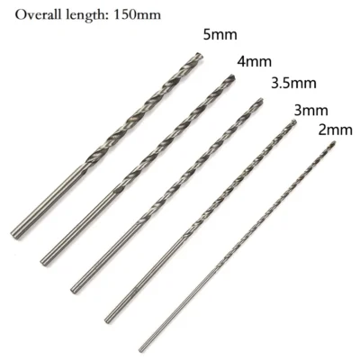 5 peças extra longo hss aço de alta velocidade 150mm conjunto de brocas 2mm/3mm,3.5mm,4mm,5mm bits para madeira, alumínio, plástico