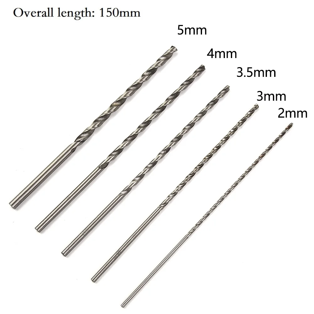 5 peças extra longo hss aço de alta velocidade 150mm conjunto de brocas 2mm/3mm,3.5mm,4mm,5mm bits para madeira, alumínio, plástico