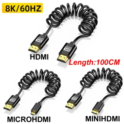 1M 8K@60HZ UHD Cable High Speed HDMI-compatible Mini/Micro HDMI-compatible Coiled Cord for HDTV Laptop PC PS4 Camera DV Monitor