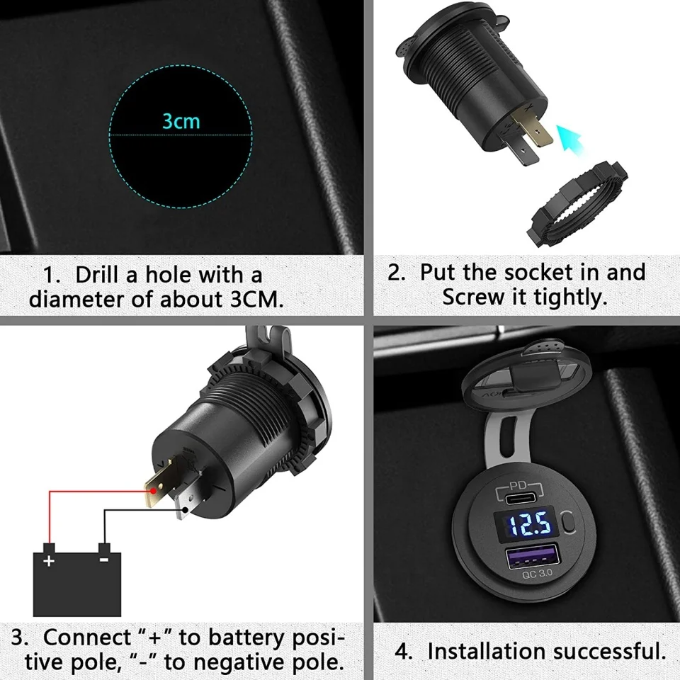 Tomada Carregadora USB 12V 48W à Prova d'Água com Porta USB Tipo C PD e Porta USB QC3.0 para Carro, Barco, Marítimo e Caminhão - Image 4
