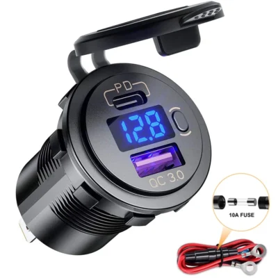Tomada Carregadora USB 12V 48W à Prova d'Água com Porta USB Tipo C PD e Porta USB QC3.0 para Carro, Barco, Marítimo e Caminhão