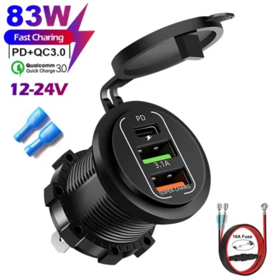 Soquete de carregador de telefone máximo 83W 45W PD + QC3.0 Adaptador de carregamento rápido à prova d'água para carro barco motocicleta 12/24V com voltímetro LED