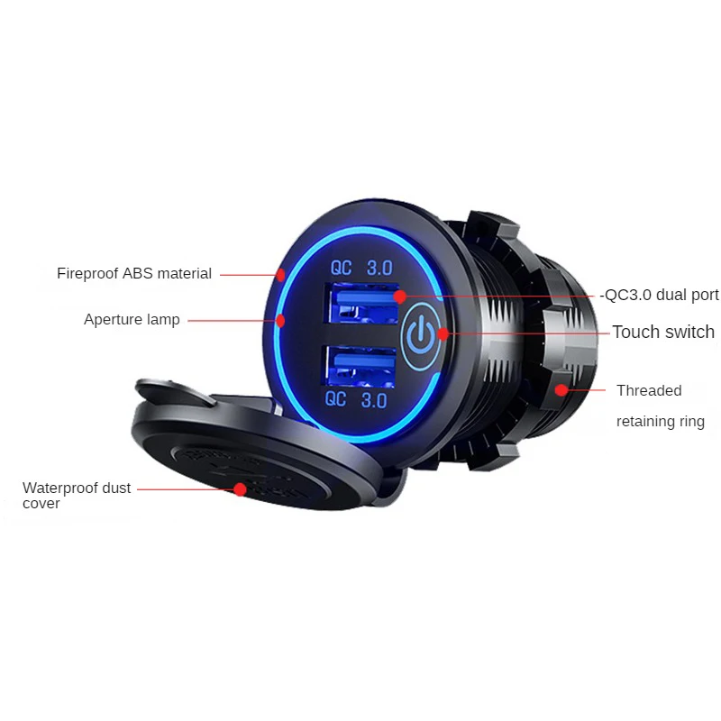 Carregador de carro rápido usb duplo qc 3.0, tomada 12v/24v à prova d'água com interruptor, adaptador de carga quckly para carro - Image 2