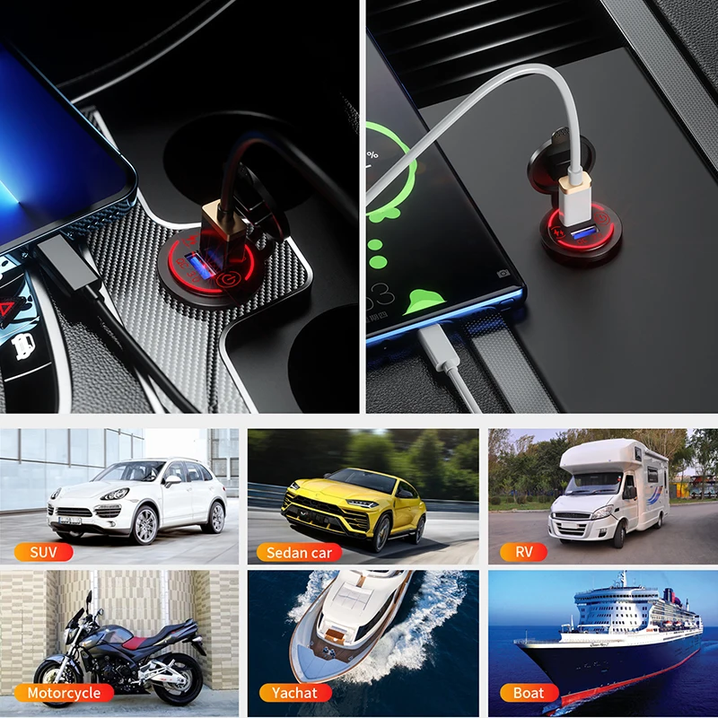 Carregador de carro rápido usb duplo qc 3.0, tomada 12v/24v à prova d'água com interruptor, adaptador de carga quckly para carro - Image 4