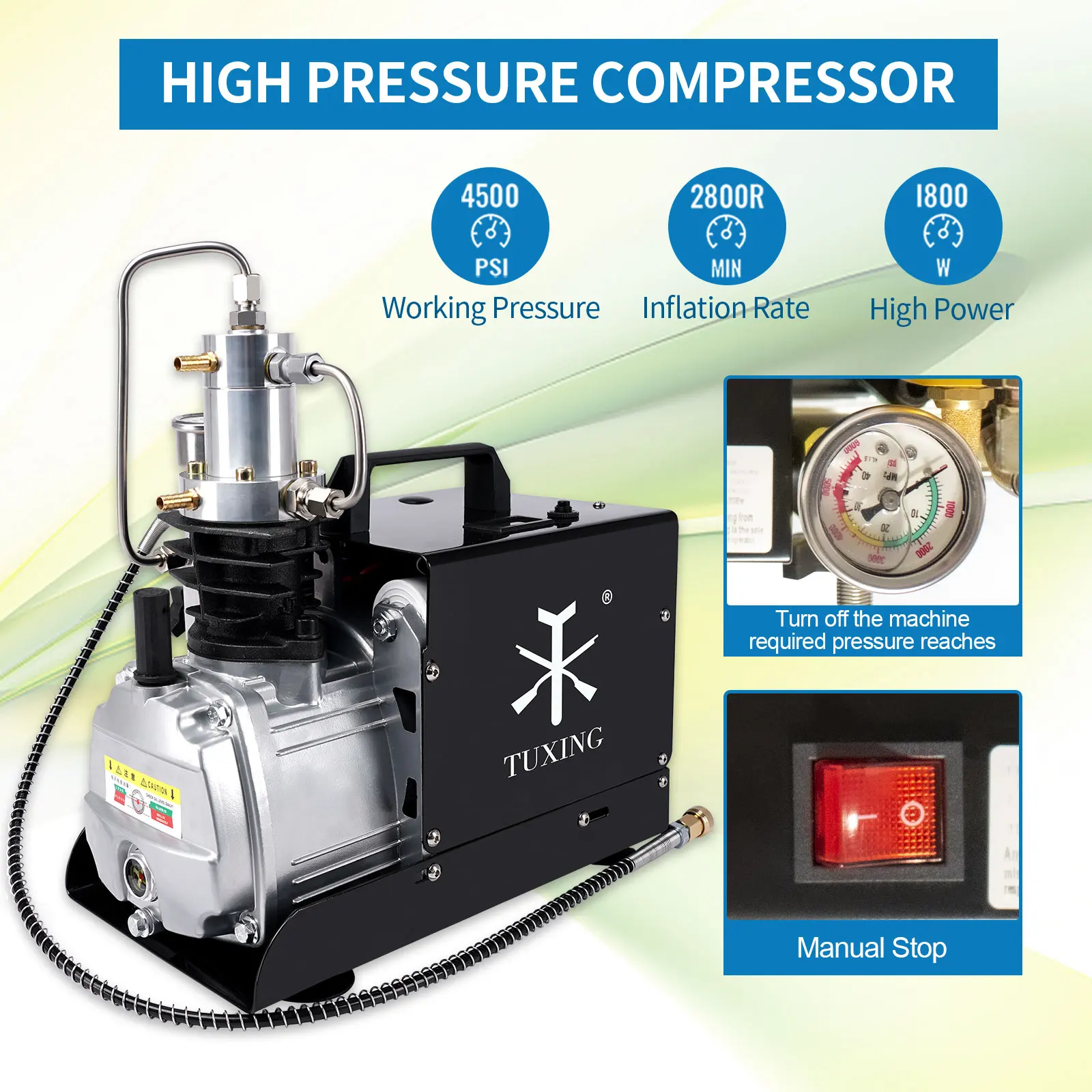 Compresor de aire PCP de alta presión TUXING de 4500 psi, compresor de ventilador eléctrico incorporado a prueba de explosiones para pistola de aire comprimido para buceo - Image 3