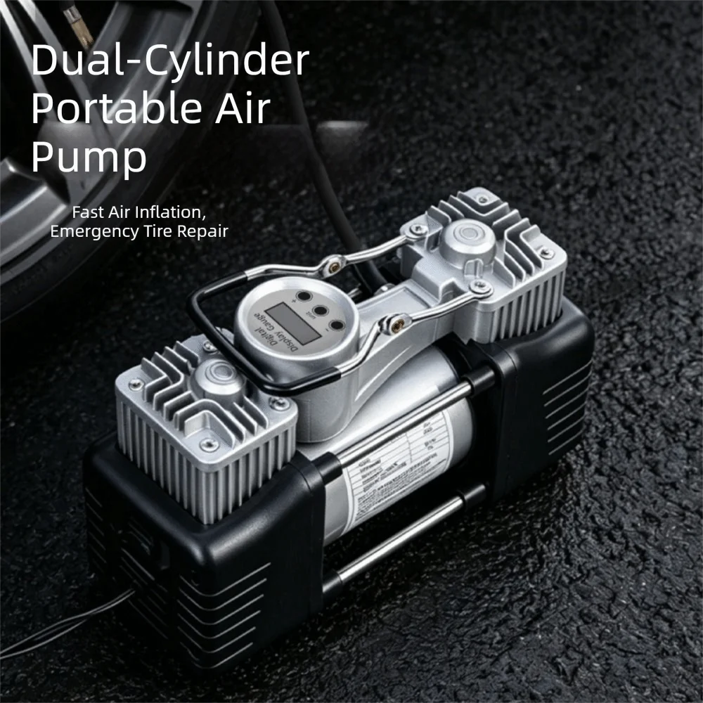 Compresor de Aire de Alta Potencia con Bomba de Doble Cilindro, Pantalla Digital Multifuncional, Manómetro de Alta Resistencia, Inflador de Neumáticos - Image 2