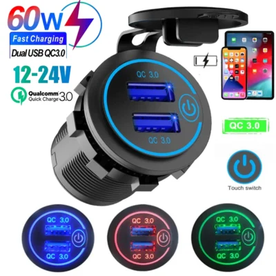 Carregador de carro rápido usb duplo qc 3.0, tomada 12v/24v à prova d'água com interruptor, adaptador de carga quckly para carro