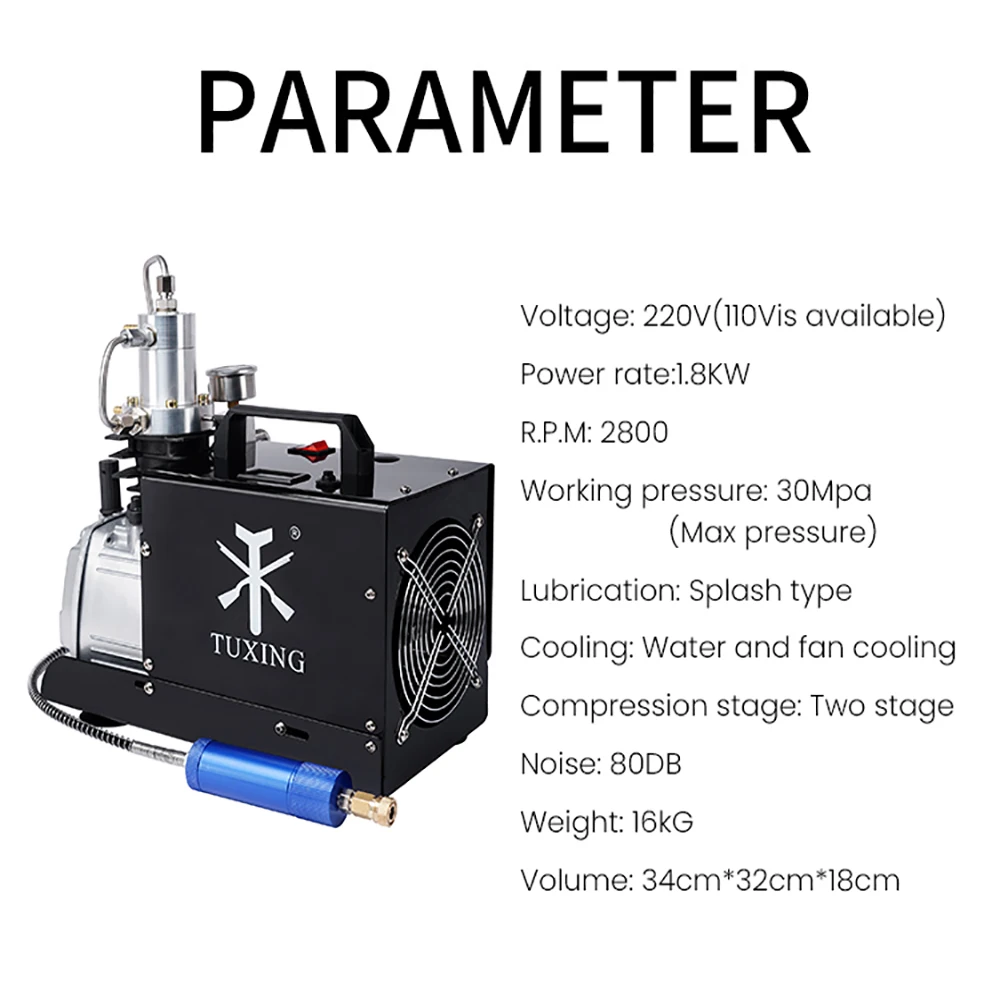 Compresor de aire PCP de alta presión TUXING de 4500 psi, compresor de ventilador eléctrico incorporado a prueba de explosiones para pistola de aire comprimido para buceo - Image 6