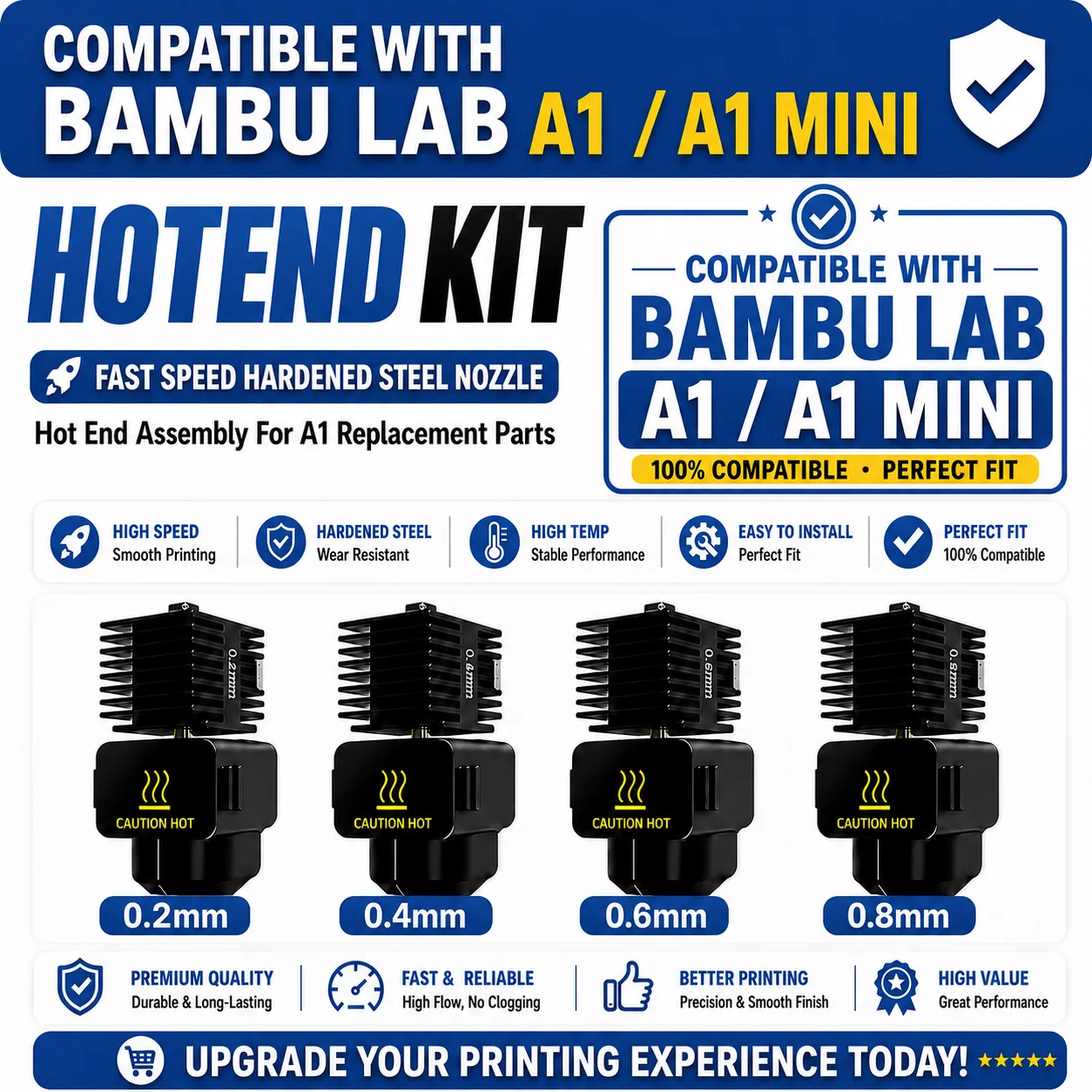Kit Hotend para Bambu Lab A1/A1 Mini 0.2/0.4/0.6/0.8mm, Bico de Aço Temperado de Alta Velocidade, Conjunto Hot End para Peças de Reposição A1