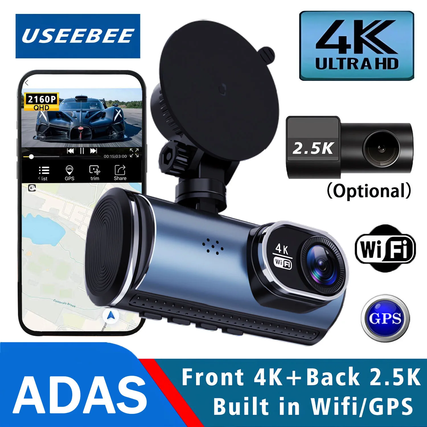 Uhd 4k 2160p ai driver assistência traço cam lente dupla adas wifi gps mini carro dvr 2.5k câmera traseira gravador de unidade de vídeo dashcam
