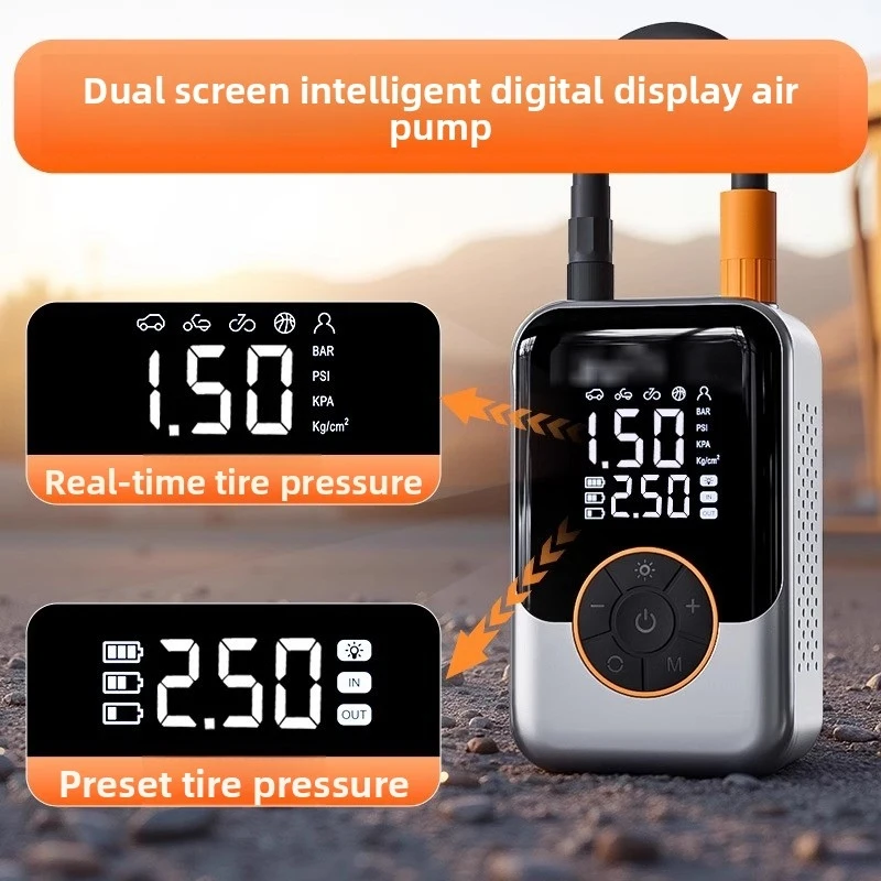 Bomba de aire eléctrica portátil inalámbrica de alta presión para automóviles, compresor de aire para automóvil con manómetro de presión de neumáticos de doble pantalla - Image 2