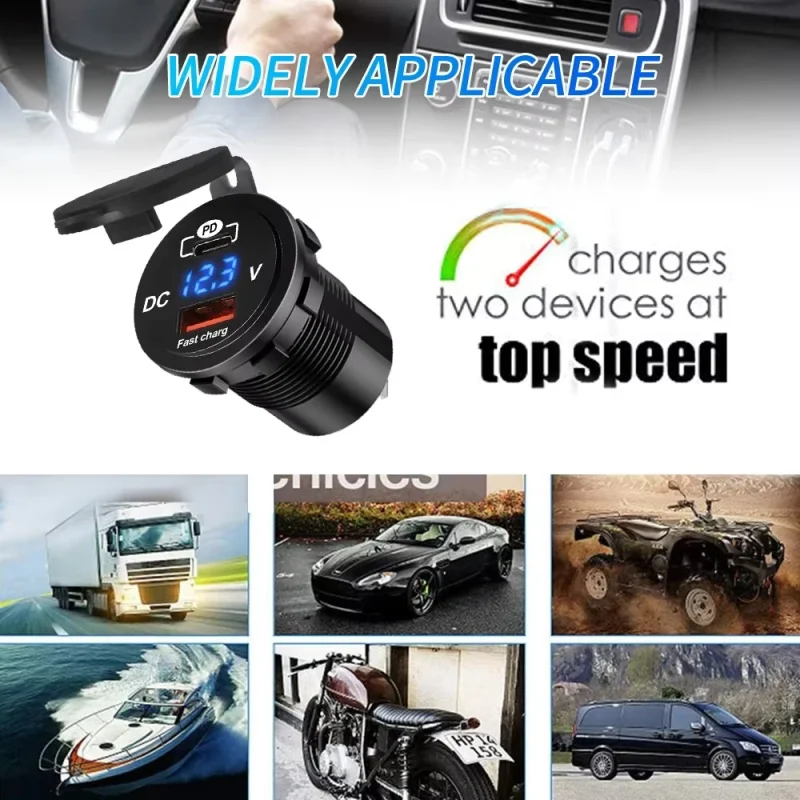 1 Conjunto de Carregador Veicular 60W PD QC3.0 com Medidor de Voltagem e Tomada de Carregamento Rápido 3.0 para Moto, Caminhão e Barco 12V/24V - Image 5