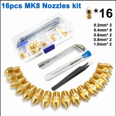 Kit de Bicos para Impressora 3D, 16 Bicos de Latão MK8 0.2/0.4/0.6/0.8/1.0mm, Chave, Pinça, Caixa de Armazenamento, para Série Ender 3 CR-10