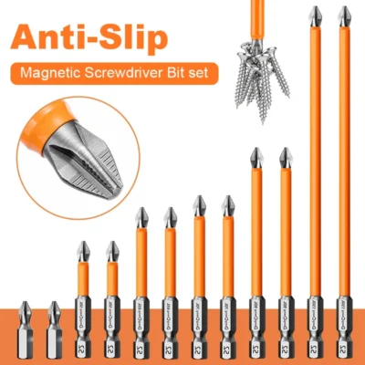 Conjunto de Pontas Magnéticas Antiderrapantes para Chave de Fenda, Aço Liga S2, Resistência ao Impacto, Pontas de Aço Liga com Haste Hexagonal, Adequadas para Ferramentas Elétricas