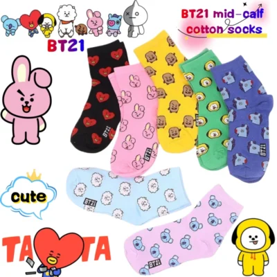Meias de cano médio BT21 Koya RJ Cooky Shooky Tata, criativas, de alta moda, com estampa de desenho animado de anime, para casais, quentes para outono e inverno.